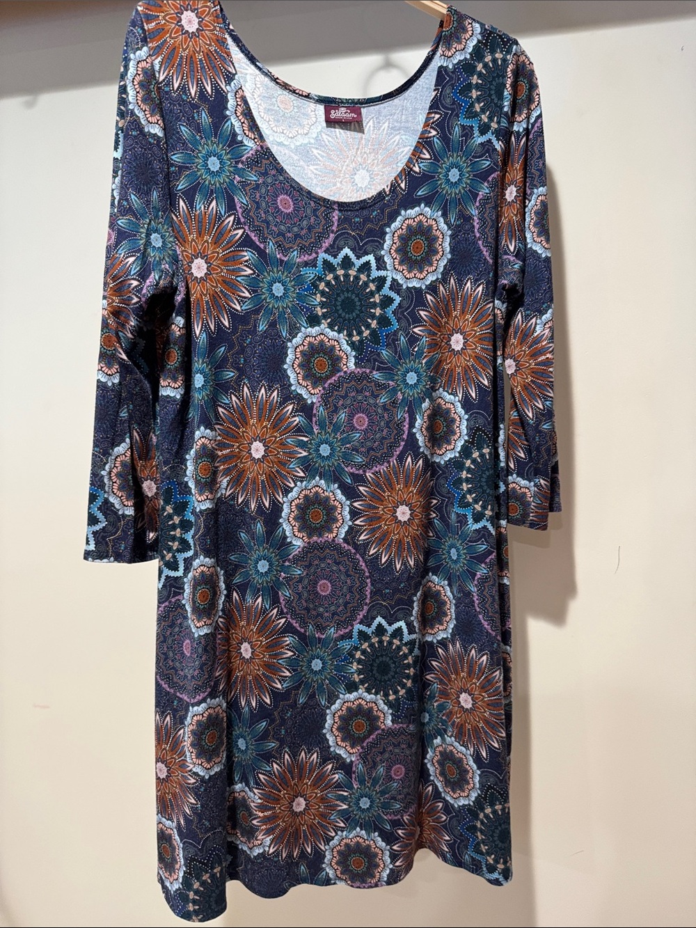 SALAAM Scoop Neck Floral Medallion Dress in Navy, Teal & Rust